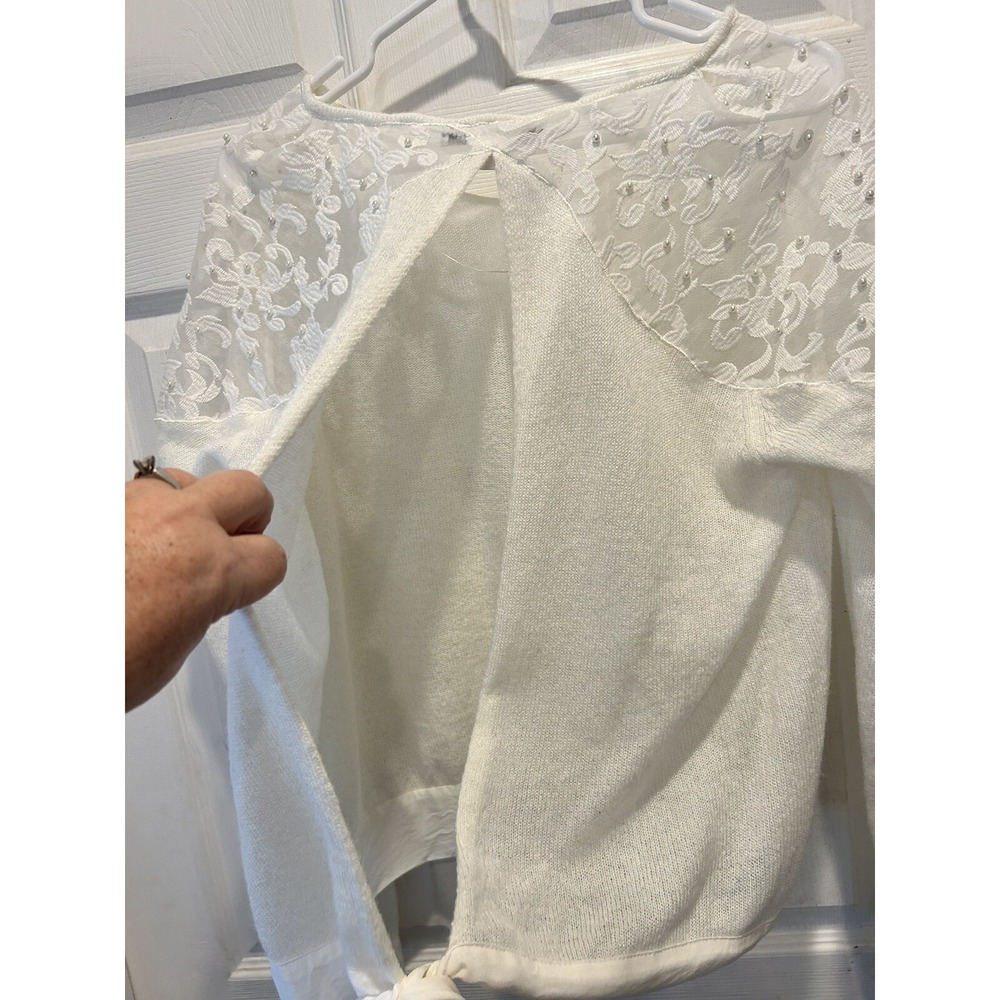 Lauren Conrad Runway White Lace Pearl Accent Open Tie Back Sweater XL Coquette - Picture 6 of 11